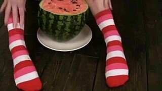 cute cristina strips naked and plays with watermelon