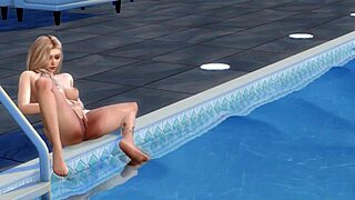 Blonde cartoon girl masturbates by the pool