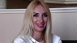 Blonde woman auditions for porn actress role by showing herself