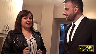 Submissive throating with ballgag in stockings during maledom session