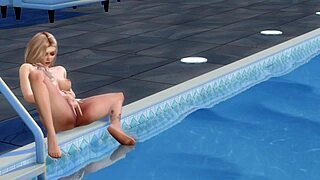Blonde cartoon girl masturbates by the pool