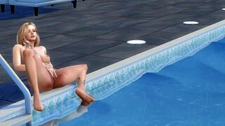 Blonde cartoon girl masturbates by the pool