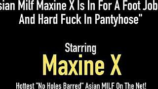 Asian MILF Maxine X Endures Intense Foot Job Blowjob and Hard Fuck in Pantyhose