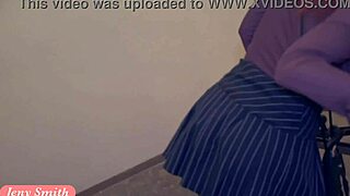 jeny smith sneaks naked through the office building, stripping in the elevator and on the stairs