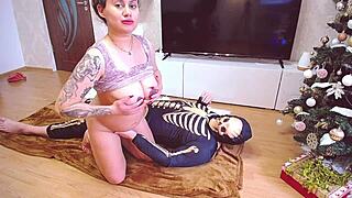 Skeleton intensely licks the wet pussy of a pregnant teen with big natural boobs