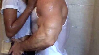 Petite Bodybuilder Girl Kisses and Orgasms in Shower Jeans