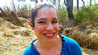 Public cumwalk with a brunette slut getting facial in outdoor shame.