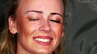 Flirty bombshell takes a huge facial cum load