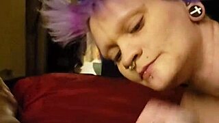 Purple-haired Lyrik’s first time with full-on cock erection while in two-girl and creampie facials
