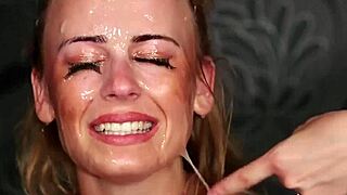 Flirty bombshell takes a huge facial cum load