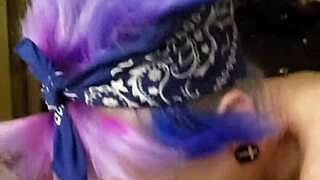 Purple-haired Lyrik’s first time with full-on cock erection while in two-girl and creampie facials