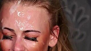 Flirty bombshell takes a huge facial cum load