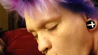 Purple-haired Lyrik’s first time with full-on cock erection while in two-girl and creampie facials