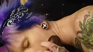 Purple-haired Lyrik’s first time with full-on cock erection while in two-girl and creampie facials