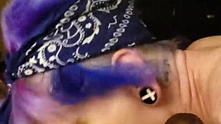 Purple-haired Lyrik’s first time with full-on cock erection while in two-girl and creampie facials