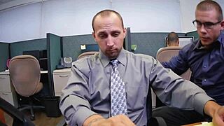Gay hunk dominates employee in office costume hardcore