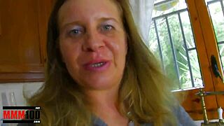 Hey, I'm banging this old fat French chick in the kitchen!