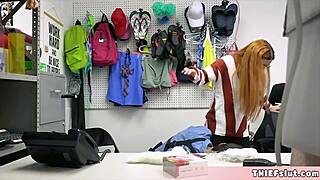 Geeky blonde thief caught stealing costume, forced into quick rough fun