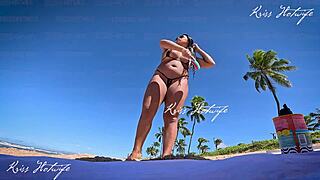 i'm on the beach with long hair tan lines big clit showing off my micro bikini