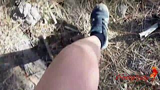 submissive girl gives sloppy deepthroat in forest for huge facial