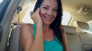 sexy woman in taxi flashes pussy while masturbating outdoors on selfie stick