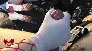 mistress masturbates my cock with white gloves, i cum as she dilates my urethra