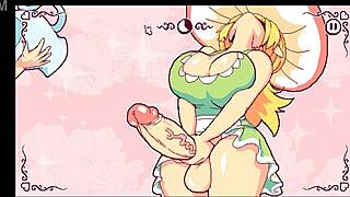 Futa hentai game with mushroom-themed futanari and cumshots on customers’ breasts and faces