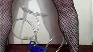 Portable Cow Milking Machine in Homemade Lactating Action with Stockings