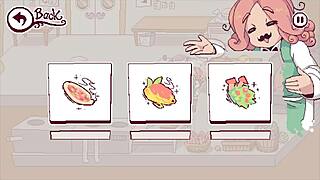 Futa hentai game with mushroom-themed futanari and cumshots on customers’ breasts and faces