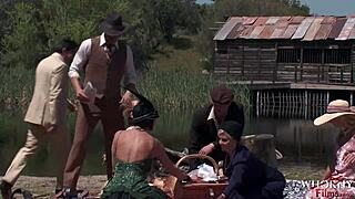 Softcore naked outdoor group screwing with hot babes in bras and cowboy style