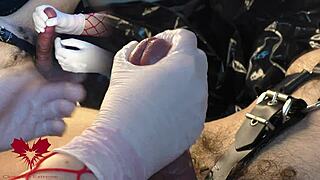 mistress masturbates my cock with white gloves, i cum as she dilates my urethra