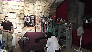 Amateur brunette teen teases with lap dance in backstage room