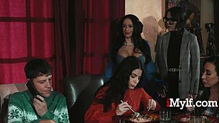 latina milf tempts stepdaughter's innocent bf with bent-over threesome and ball licking