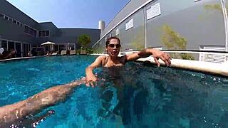 Married woman has sex with unknown employee at the pool.