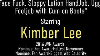 Face fucked babe Kimber Lee milks cock with busting boots
