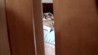 spying on teen stepdaughter masturbating in bedroom with intense climax behind door