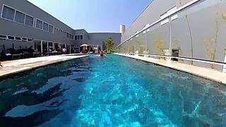 Married woman has sex with unknown employee at the pool.