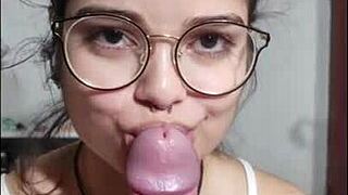 Married teen White Moon starts her morning with a deepthroat blowjob on big white cock. POV view captures every detail.