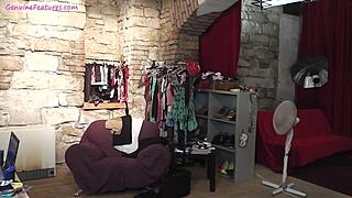 Amateur brunette teen teases with lap dance in backstage room