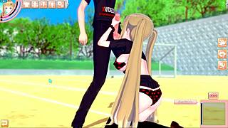 Blonde big tits gal gives blowjob in 3d anime