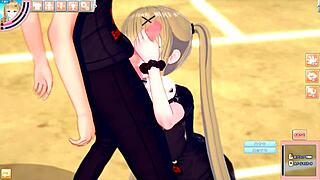 Blonde big tits gal gives blowjob in 3d anime