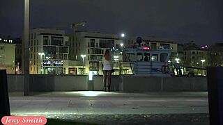 man, late evening walk with russian jeny smith in see-thru tights, no panties, pussy out!