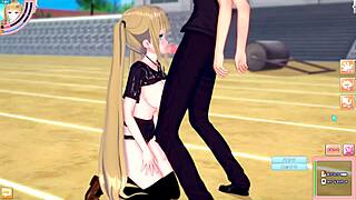 Blonde big tits gal gives blowjob in 3d anime