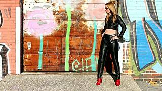 I love posing in black leather pants, jacket, and high heels.