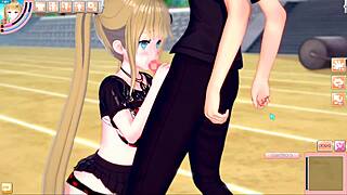 Blonde big tits gal gives blowjob in 3d anime