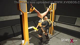 Sexy busty ebony drilled by sci-fi soldier in wild cell