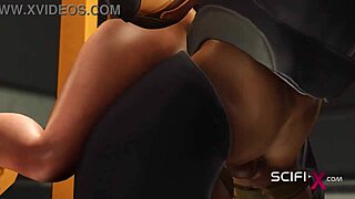 Sexy busty ebony drilled by sci-fi soldier in wild cell