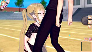 Blonde big tits gal gives blowjob in 3d anime