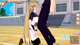 Blonde big tits gal gives blowjob in 3d anime