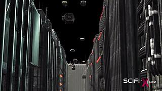 Sexy busty ebony drilled by sci-fi soldier in wild cell